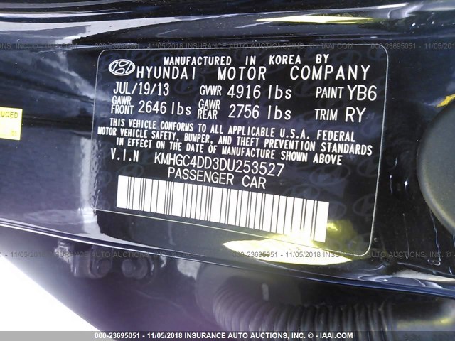 KMHGC4DD3DU253527 - 2013 HYUNDAI GENESIS 3.8L BLACK photo 9