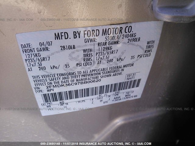 2FMDK36C97BB00620 - 2007 FORD EDGE SE GOLD photo 9