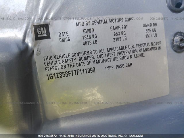 1G1ZS58F77F111099 - 2007 CHEVROLET MALIBU LS 灰色 照片 9