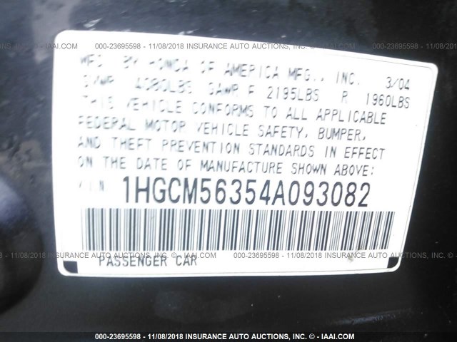 1HGCM56354A093082 - 2004 HONDA ACCORD LX GRAY photo 9