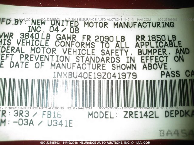 1NXBU40E19Z041979 - 2009 TOYOTA COROLLA S/LE/XLE RED photo 9