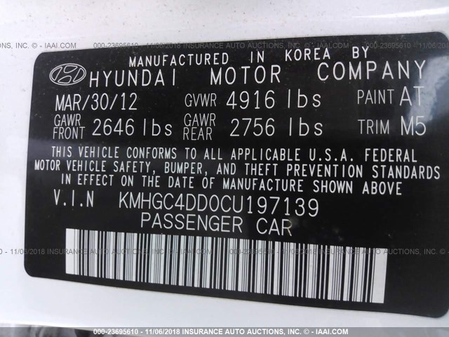 KMHGC4DD0CU197139 - 2012 HYUNDAI GENESIS 3.8L WHITE photo 9