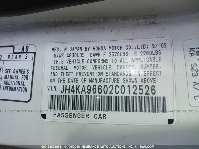 JH4KA96602C012526 - 2002 ACURA 3.5RL WHITE photo 9