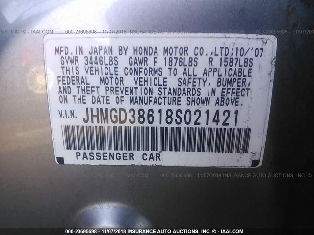 JHMGD38618S021421 - 2008 HONDA FIT SPORT GRAY photo 9