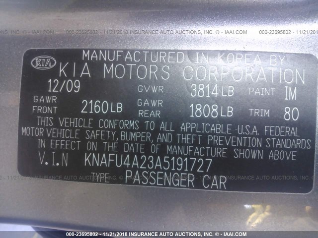 KNAFU4A23A5191727 - 2010 KIA FORTE EX GRAY photo 9