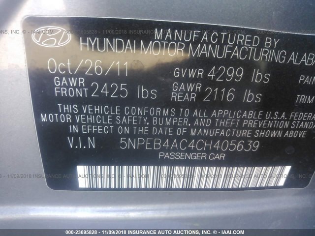 5NPEB4AC4CH405639 - 2012 HYUNDAI SONATA GLS GRAY photo 9