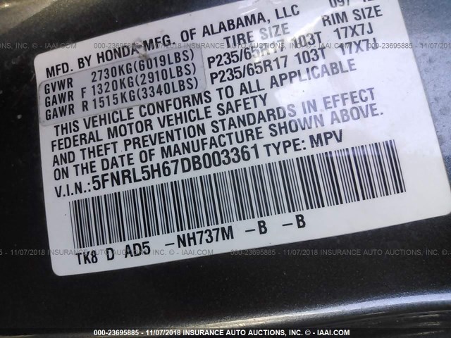 5FNRL5H67DB003361 - 2013 HONDA ODYSSEY EXL GRAY photo 9