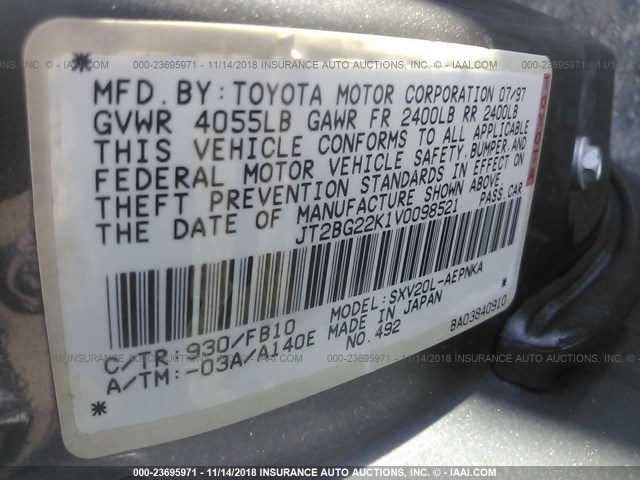 JT2BG22K1V0098521 - 1997 TOYOTA CAMRY LE/XLE GRAY photo 9