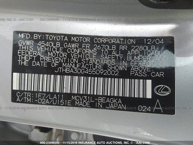 JTHBA30G455092002 - 2005 LEXUS ES 330 GRAY photo 9