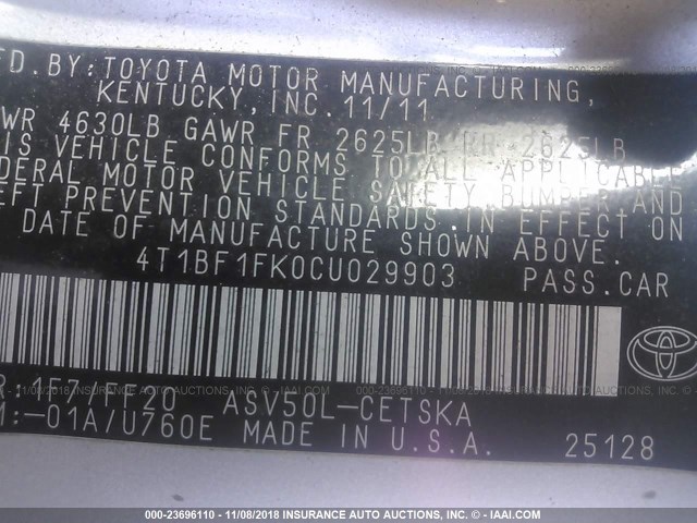 4T1BF1FK0CU029903 - 2012 TOYOTA CAMRY SE/LE/XLE ვერცხლისფერი ფოტო 9