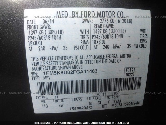 1FM5K8D82FGA11463 - 2015 FORD EXPLORER XLT GRAY photo 9