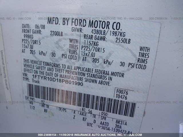 1FTYR10D18PB01990 - 2008 FORD RANGER WHITE photo 9