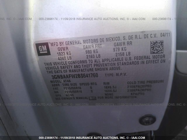 3GNBAAFW2BS641760 - 2011 CHEVROLET HHR LS SILVER photo 9