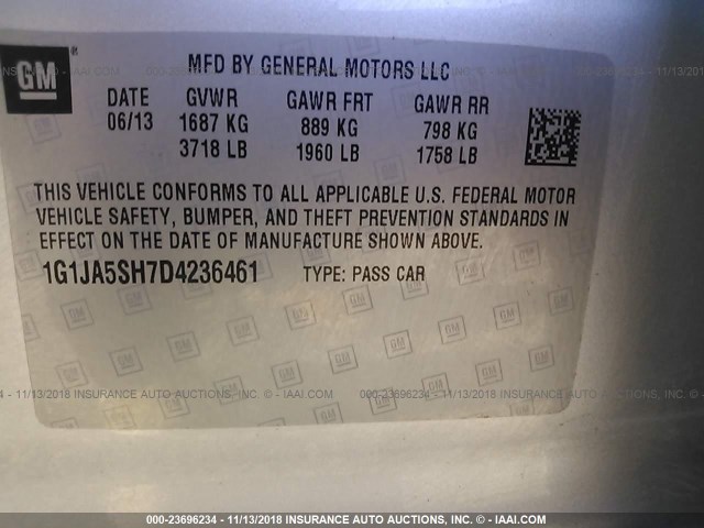 1G1JA5SH7D4236461 - 2013 CHEVROLET SONIC LS 银色 照片 9