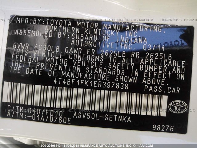 4T4BF1FK1ER397838 - 2014 TOYOTA CAMRY L/SE/LE/XLE WHITE photo 9