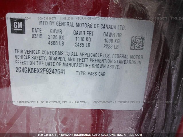 2G4GK5EX2F9247641 - 2015 BUICK REGAL RED photo 9