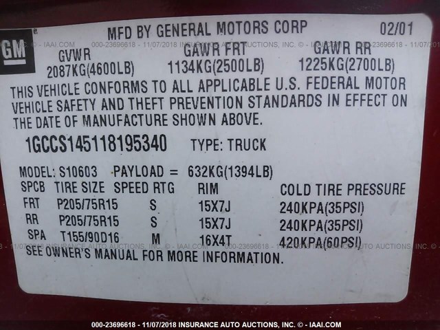 1GCCS145118195340 - 2001 CHEVROLET S TRUCK S10 RED photo 9