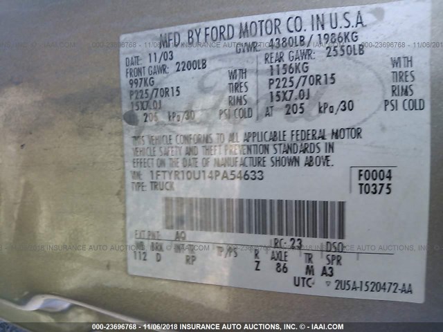 1FTYR10U14PA54633 - 2004 FORD RANGER GOLD photo 9