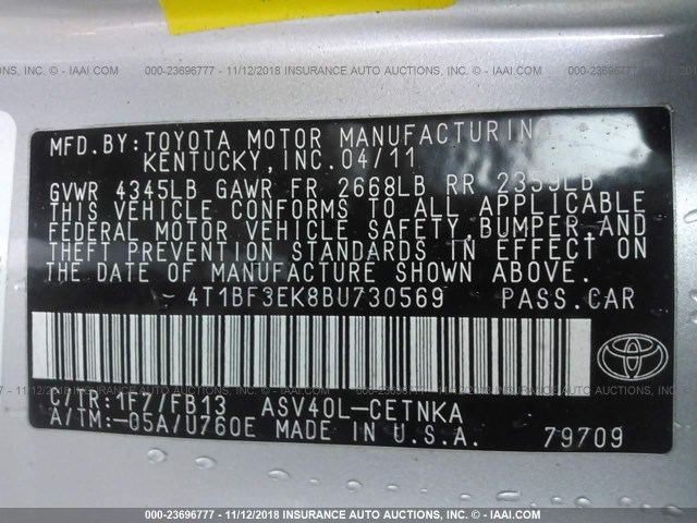 4T1BF3EK8BU730569 - 2011 TOYOTA CAMRY SE/LE/XLE 银色 照片 9