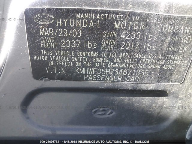 KMHWF35H73A871335 - 2003 HYUNDAI SONATA GLS/LX GRAY photo 9