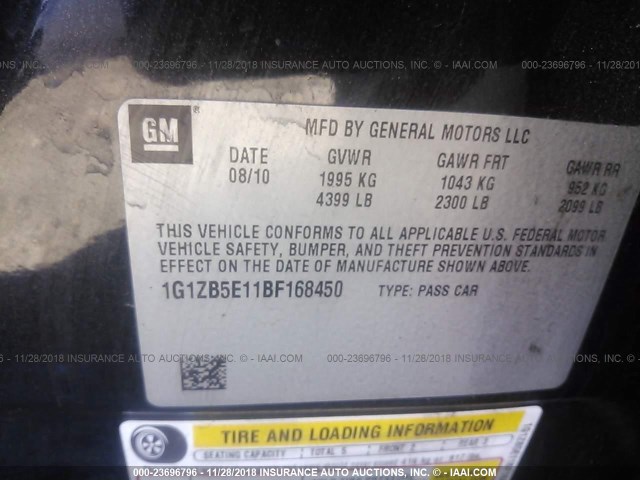 1G1ZB5E11BF168450 - 2011 CHEVROLET MALIBU LS 黑色 照片 9