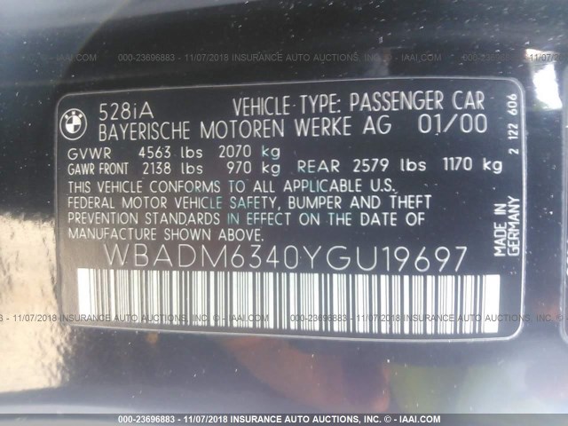 WBADM6340YGU19697 - 2000 BMW 528 I AUTOMATIC BLACK photo 9