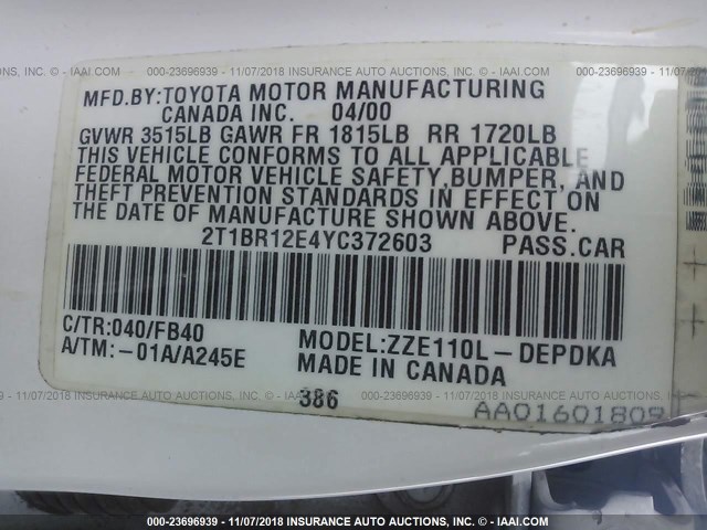 2T1BR12E4YC372603 - 2000 TOYOTA COROLLA VE/CE/LE 白色 照片 9