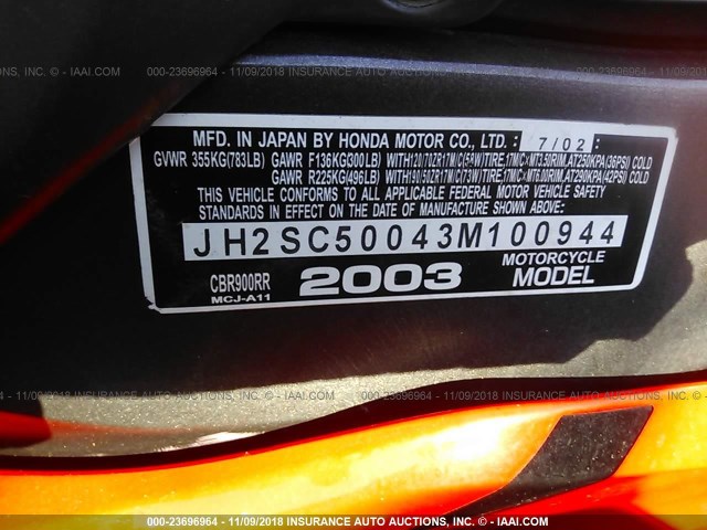 JH2SC50043M100944 - 2003 HONDA CBR900 RR RED photo 10