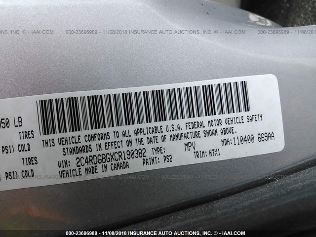 2C4RDGBGXCR190382 - 2012 DODGE GRAND CARAVAN SE SILVER photo 9