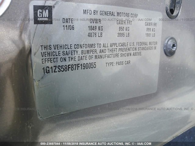 1G1ZS58F87F190055 - 2007 CHEVROLET MALIBU LS 棕色 照片 9