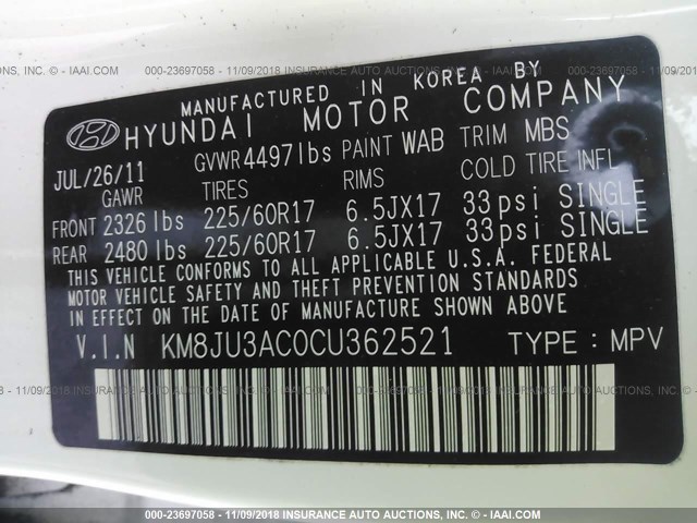 KM8JU3AC0CU362521 - 2012 HYUNDAI TUCSON GLS/LIMITED თეთრი ფოტო 9