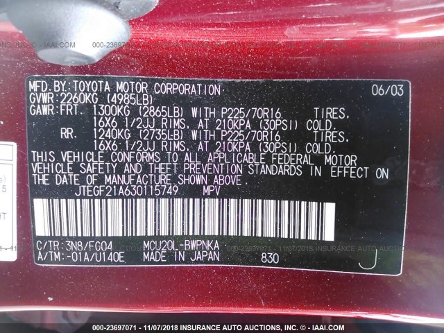 JTEGF21A630115749 - 2003 TOYOTA HIGHLANDER LIMITED RED photo 9