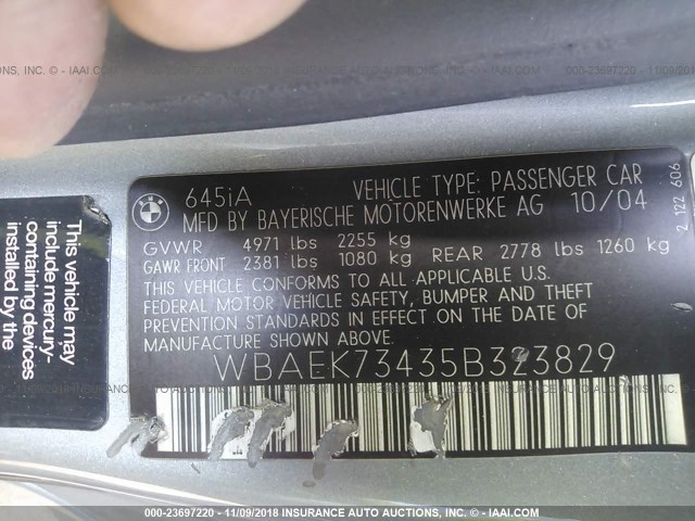 WBAEK73435B323829 - 2005 BMW 645 CI AUTOMATIC GRAY photo 9