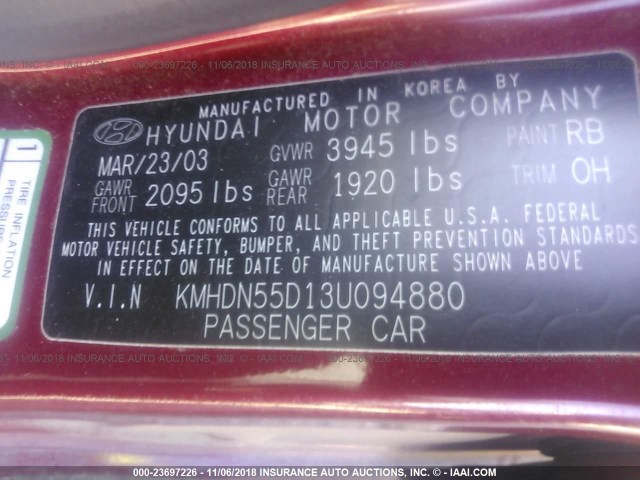 KMHDN55D13U094880 - 2003 HYUNDAI ELANTRA GLS/GT MAROON photo 9