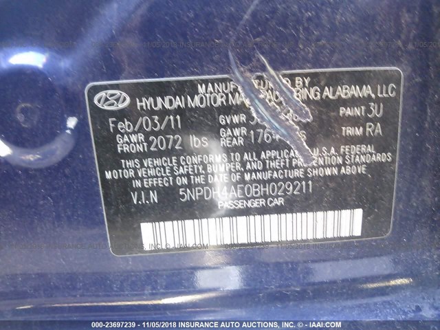 5NPDH4AE0BH029211 - 2011 HYUNDAI ELANTRA GLS/LIMITED BLUE photo 9