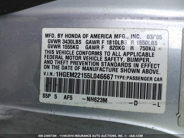 1HGEM22155L046667 - 2005 HONDA CIVIC DX VP SILVER photo 9