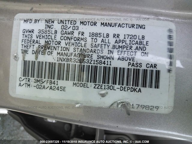 1NXBR32E63Z158411 - 2003 TOYOTA COROLLA CE/LE/S 金色 照片 9