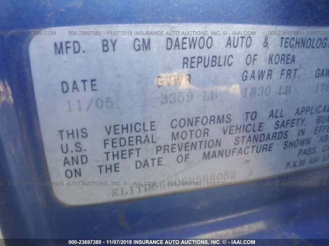 KL1TD56606B586052 - 2006 CHEVROLET AVEO LS BLUE photo 9