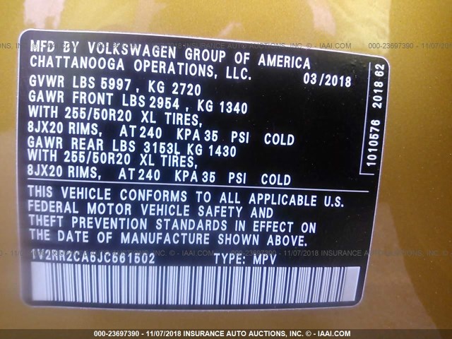 1V2RR2CA5JC561502 - 2018 VOLKSWAGEN ATLAS SEL GOLD photo 9