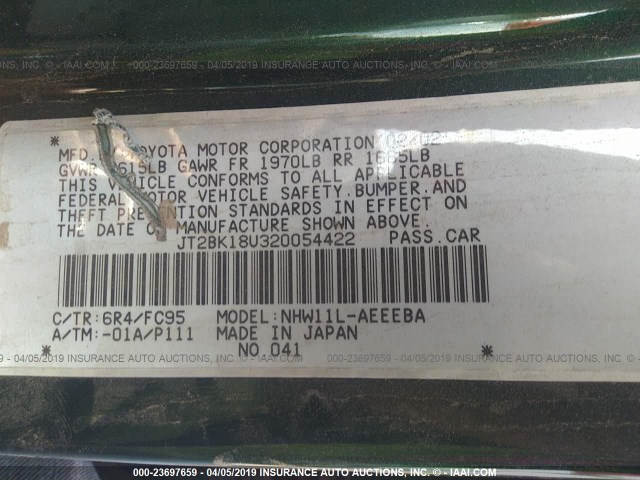 JT2BK18U320054422 - 2002 TOYOTA PRIUS GREEN photo 9