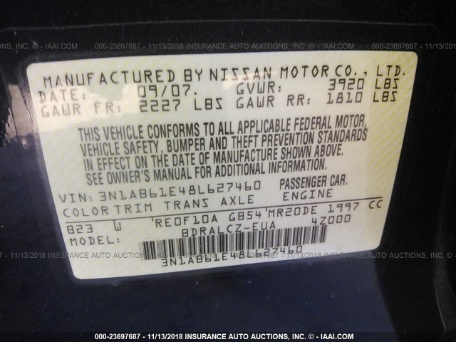 3N1AB61E48L627460 - 2008 NISSAN SENTRA 2.0/2.0S/2.0SL BLUE photo 9