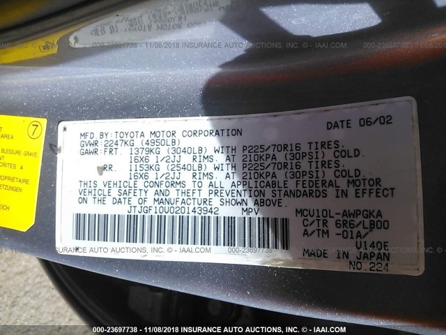 JTJGF10U020143942 - 2002 LEXUS RX 300 SILVER photo 9