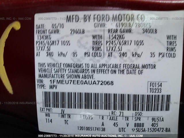 1FMEU7EE0AUA72068 - 2010 FORD EXPLORER EDDIE BAUER RED photo 9