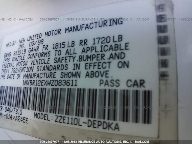 1NXBR12EXWZ083611 - 1998 TOYOTA COROLLA VE/CE/LE 白色 照片 9