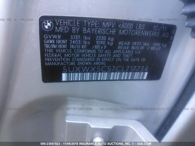 5UXWX5C57CL717734 - 2012 BMW X3 XDRIVE28I Gümüş foto 9