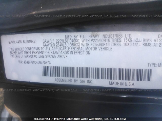 4S4BP61C456375373 - 2005 SUBARU LEGACY OUTBACK 2.5I BLACK photo 9