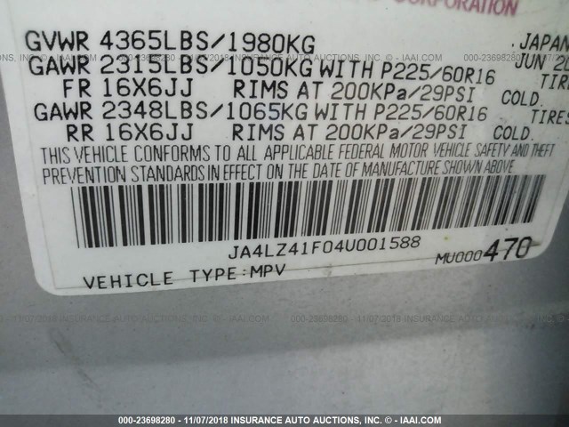 JA4LZ41F04U001588 - 2004 MITSUBISHI OUTLANDER XLS SILVER photo 9