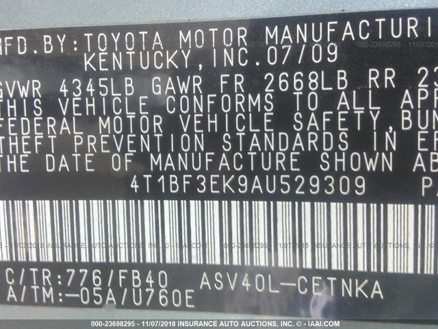 4T1BF3EK9AU529309 - 2010 TOYOTA CAMRY SE/LE/XLE GREEN photo 9