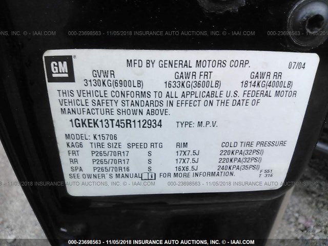 1GKEK13T45R112934 - 2005 GMC YUKON BLUE photo 9