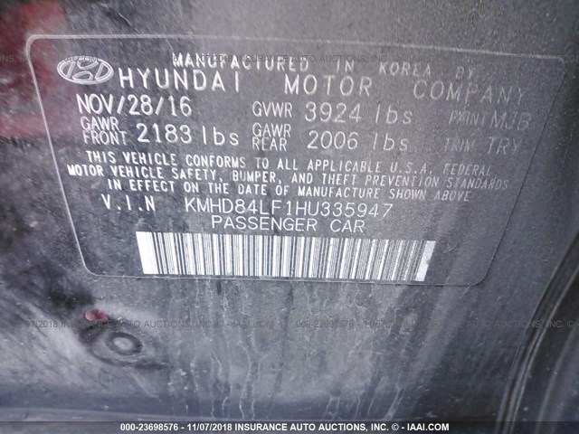 KMHD84LF1HU335947 - 2017 HYUNDAI ELANTRA SE/VALUE/LIMITED BLACK photo 9